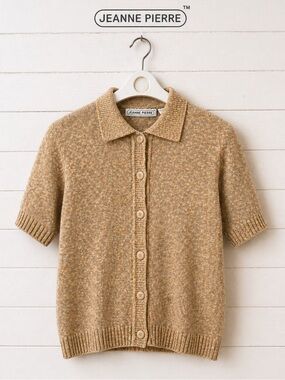JEANNE PIERRE Beige Knit Short Sleeve Cardigan – Size M
